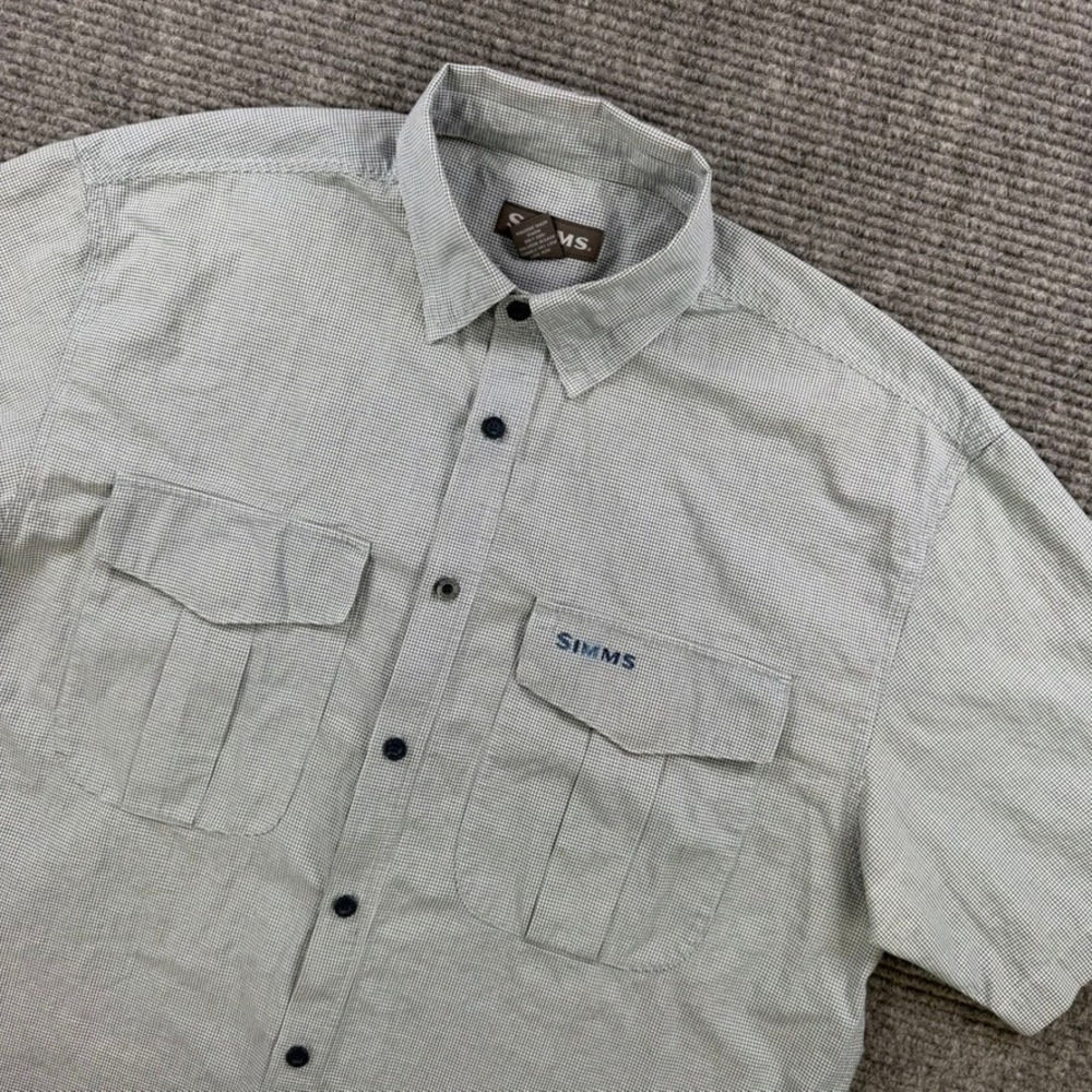Simms Grey Micro Check Button Up Shirt Mens XL Short Sleeve Fishing Pockets Work